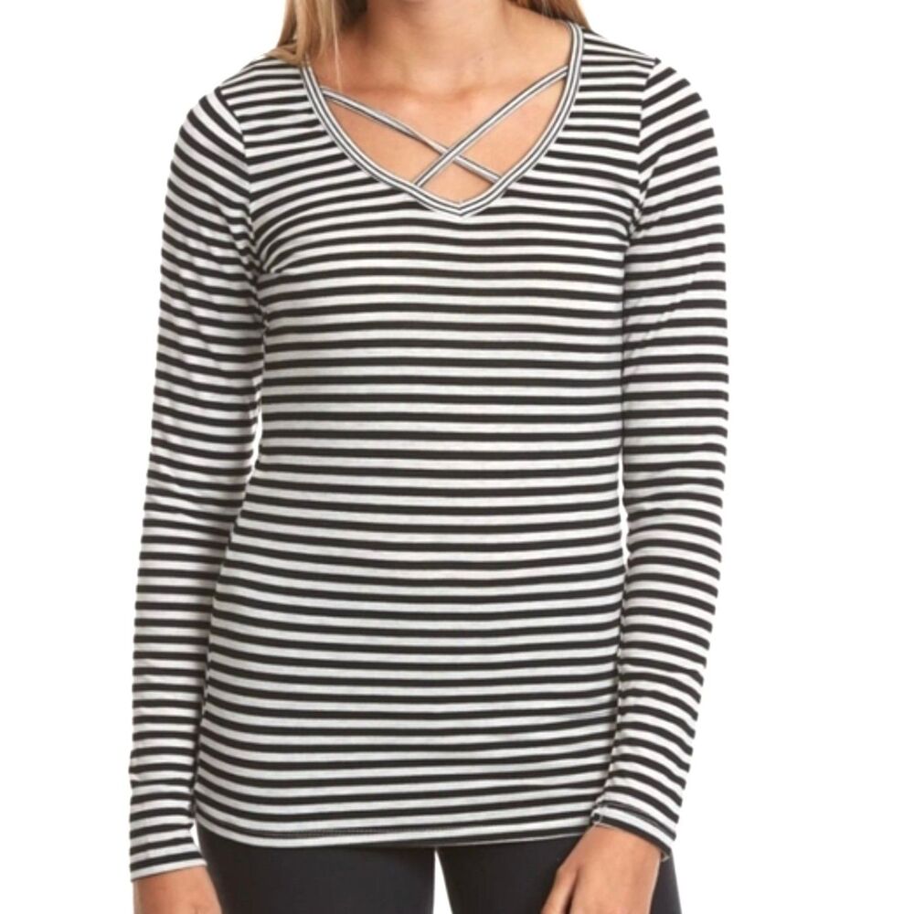 Poof NWT Black and White Crisscrossing Neckline‎ Striped Tunic Size Small